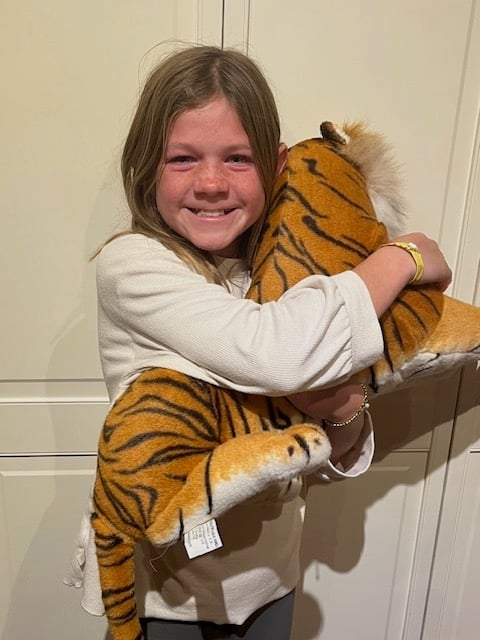 little girl holding stuffed tiger