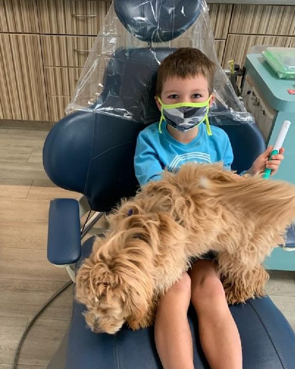 Child patient with a mask and the emotional support dog on him